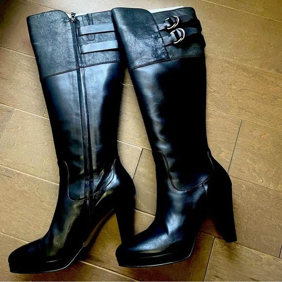 NWB Cole Haan Nike Air Technology Courtney Tall II Leather Boots Black Size 9.5 - Picture 1 of 11